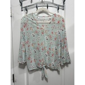 Eden & Olivia Mint Green Floral Mesh Bell Sleeve Tie Front Top S boho chic fairy